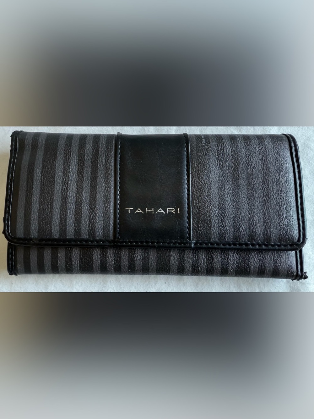 Tahari Black Stripe Tri‑Fold Snap Wallet – Vegan Leather